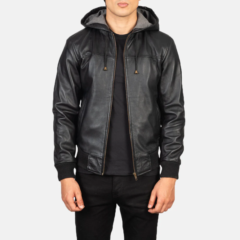 Men_s_Nintenzo_Black_Hooded_Leather_Jacket_Open_Front_17b84b42-862e-46bd-8a3d-d345add26d1f Nintenzo Black Hooded Leather Bomber Jacket - Image 1