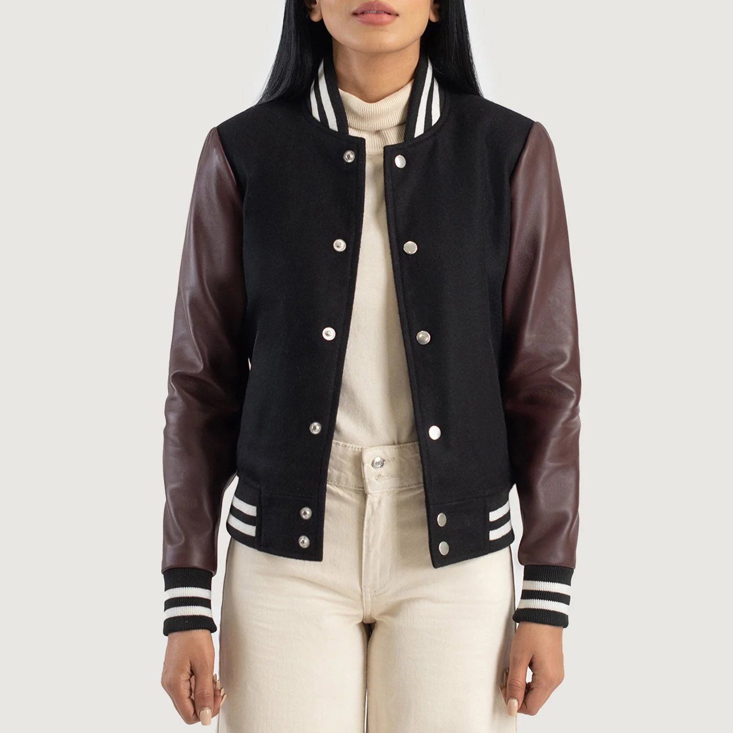 Women_s_Savant_Maroon_Hybrid_Varsity_Jacket_Open_Front-4_2d0233f5-fb2b-4107-9d57-f6321e20c590 Savant Maroon & Black Hybrid Varsity Jacket - Image 1