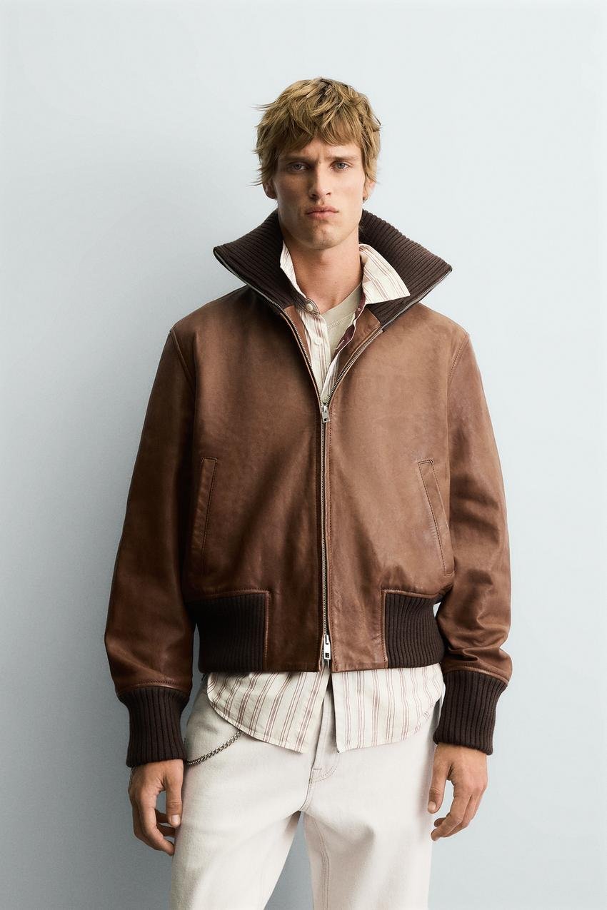 05388701745-a1 Regular Fit Leather Bomber Jacket - Image 1