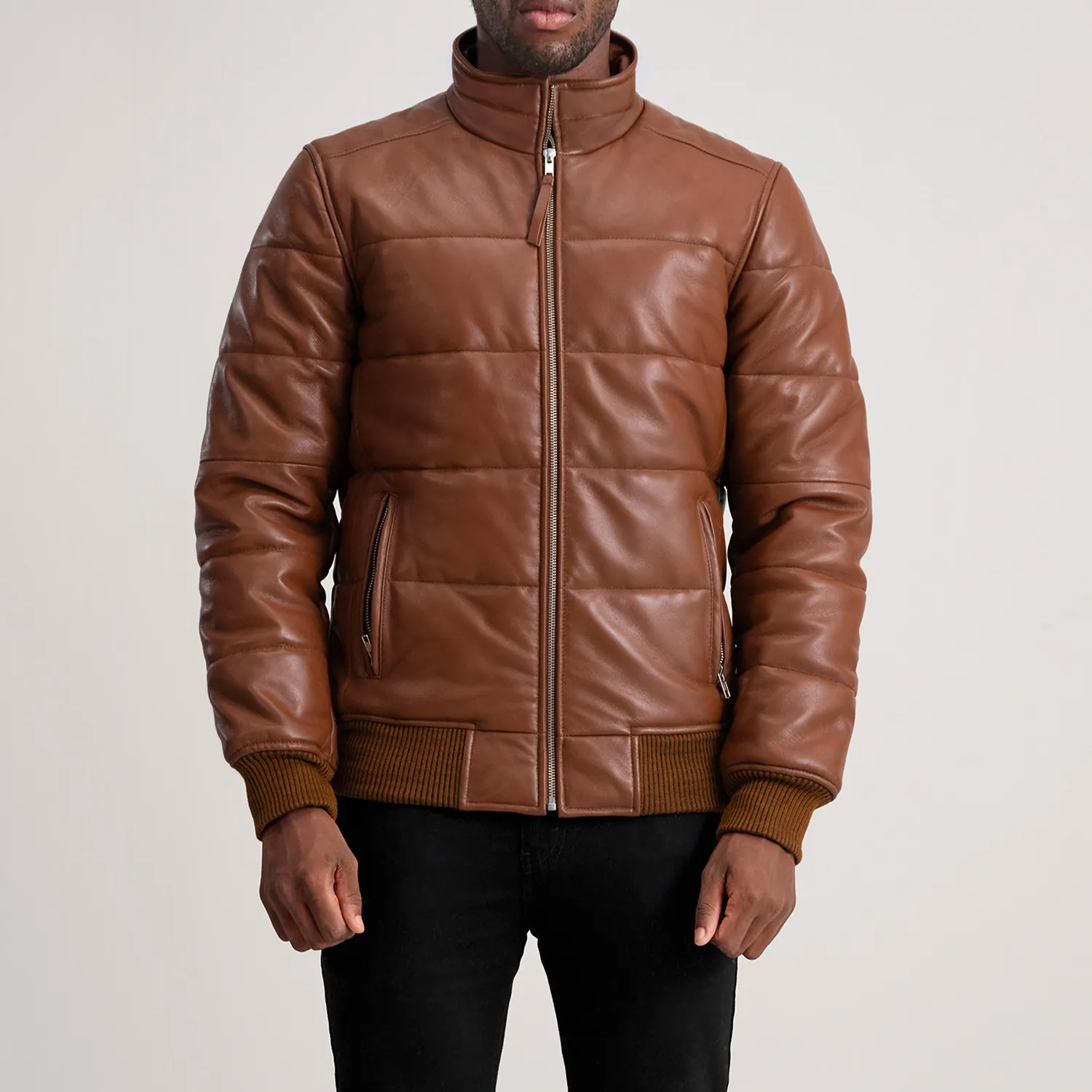 Men_s_Lucas_Brown_Leather_Puffer_Bomber_Jacket_Close_Front-5-1733732640470 Lucas Brown Leather Puffer Bomber Jacket - Image 1