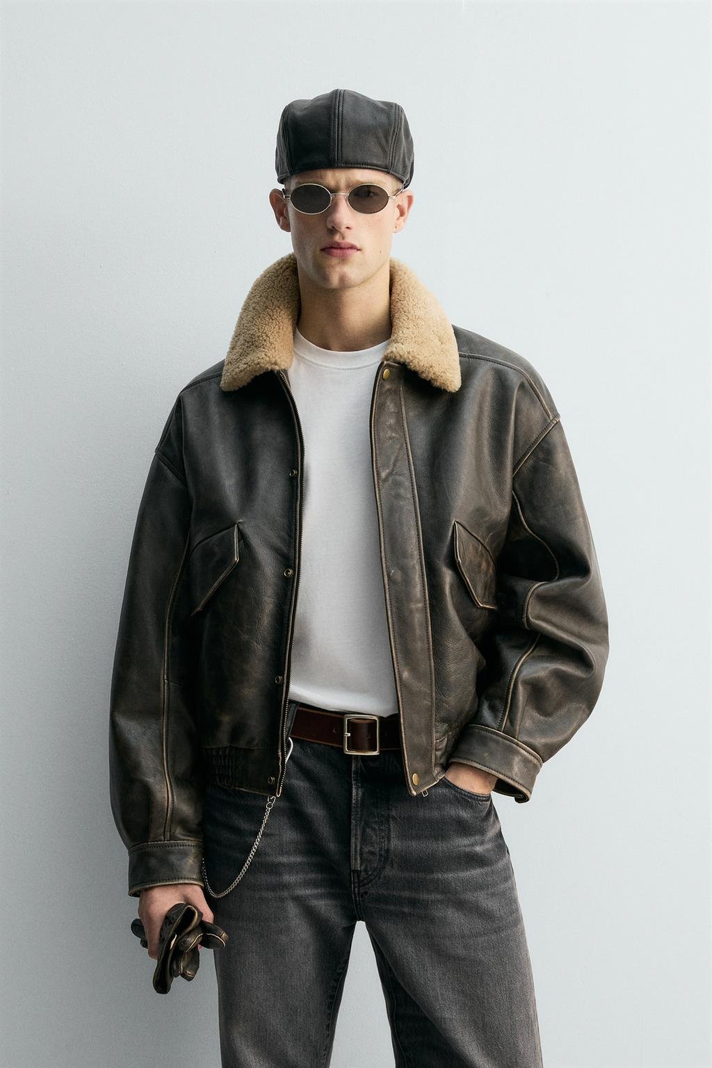 WhatsApp Image 2025-10-02 at 05.47.25_be5623d4 Distressed Aviator Leather Jacket, With A Shearling Collar - Image 1