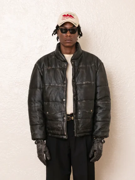 Leather Distressed Puffer Jacket in black